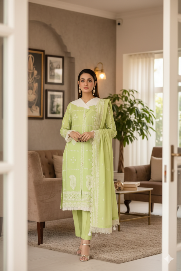 Saadia Ahmed LWSU-25CK301 ChikanKari Lime Green